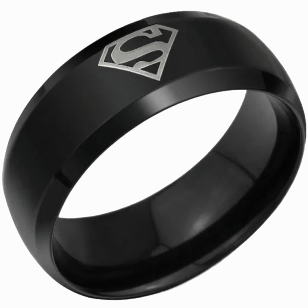 Black Stainless Steel SUPERMAN Insignia Emblem Frosted Stamped 8mm Band Ring
